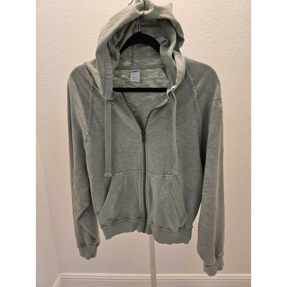 PINK Victoria Secret XS S Sage Green Distressed Zip Up Hoodie Raw Seam Y2K